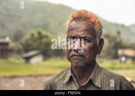 Ritratto di uomo anziano contadino in camicia in piedi sul campo di riso Foto Stock