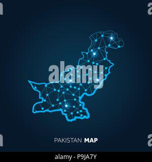 Mappa del Pakistan realizzato con linee collegate e punti luminosi. Illustrazione Vettoriale