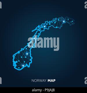 Mappa di Norvegia realizzato con linee collegate e punti luminosi. Illustrazione Vettoriale