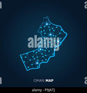 Mappa di Oman realizzato con linee collegate e punti luminosi. Illustrazione Vettoriale