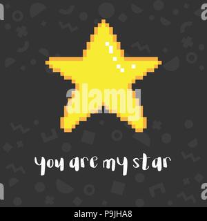 Vector rainbow 8 bit pixel art golden star e la frase si sono la mia stella. Alla moda decorazioni geometriche su sfondo nero. Valentines card Illustrazione Vettoriale