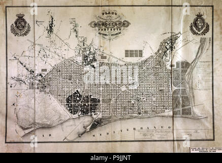 Mappa del progetto di espansione della città di Barcellona, ??approvato nel 1859, da Ildefonso Cerda. Foto Stock