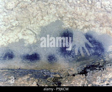 Pannello di i punti cavalli (Dipinti Camera, grotta Pech-Merle): dettaglio di una mano in negativo in bla… Foto Stock