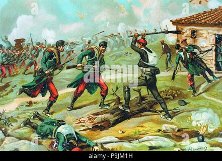 Terza guerra carlista (1872 - 1876), la battaglia di Murrieta in San Pedro Abanto nel 1874, disegno del t… Foto Stock
