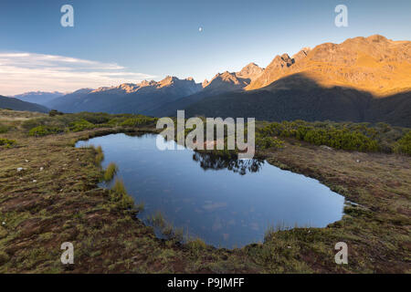 Stagno sul Vertice di chiave, atmosfera serale, il Parco Nazionale di Fiordland mountain range, Southland, Nuova Zelanda Foto Stock