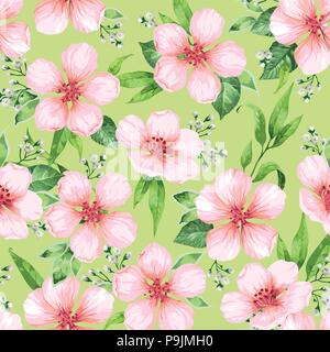 Modello senza soluzione di continuità con la fioritura del melo fiori su sfondo verde. Eleganza vintage infinite texture in stile acquerello . Illustrazione Vettoriale