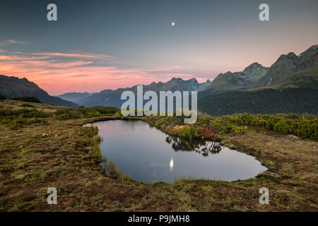 Stagno sul Vertice di chiave, atmosfera serale, il Parco Nazionale di Fiordland mountain range, Southland, Nuova Zelanda Foto Stock