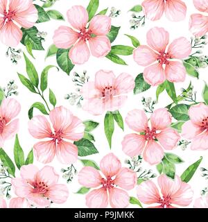 Modello senza soluzione di continuità con la fioritura del melo Fiori su fondo bianco. Eleganza vintage infinite texture in stile acquerello . Illustrazione Vettoriale