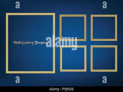 Set di cornice decorativa foto con bordo in oro, design vettoriali su sfondo blu con una copia dello spazio nel concetto di premium. Illustrazione Vettoriale