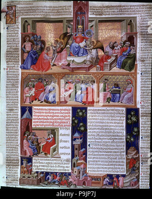 Coperchio con diverse scene. Miniatura in 'Codex Giustiniano Institutiones Feudorum et Alia', c.1300. Foto Stock