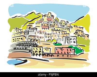 Illustrazione vettoriale di una vista panoramica della famosa località turistica di Positano in Italia Illustrazione Vettoriale