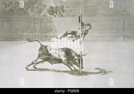 La corrida, la serie di incisioni di Francisco de Goya, piastra 20: 'Ligereza y atrevimiento de Juan… Foto Stock