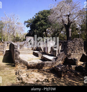 Vista delle rovine di Gede, con i resti di un antico sito Swahili, a Malindi in Kenya. Foto Stock