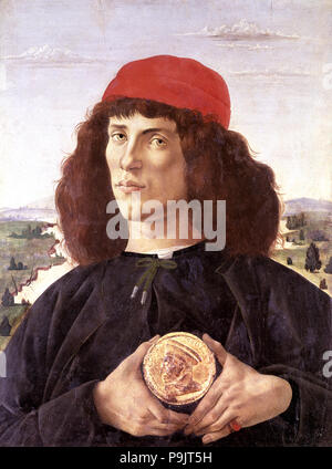 Ritratto di Ignoto uomo con la medaglia di Cosimo il Vecchio", dipinto di Sandro Botticelli (1444 … Foto Stock