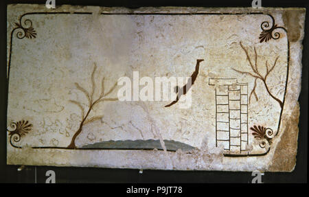 La pittura che mostra un uomo salta fuori da un trampolino di lancio presso la tomba del ponticello, pittura greca italic-inf… Foto Stock