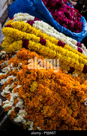 Indian ghirlande di fiori in vendita in un mercato in India Foto Stock