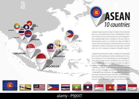 L'ASEAN (Associazione delle nazioni del sud-est Asiatico ) e il navigatore GPS in posizione il perno con la bandiera del paese di appartenenza sulla mappa del mondo . Vector . Illustrazione Vettoriale