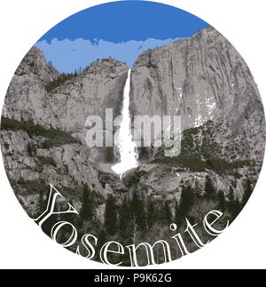 Cascata di Yosemite, US National Park, California - dettagliata grafica vettoriale, paraurti adesivo Idea Illustrazione Vettoriale