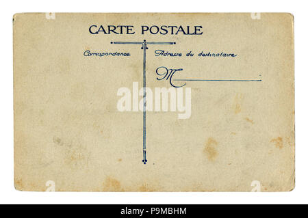 Retro della storica Francese cartolina: scheda vuota con la corrispondenza e le caselle indirizzo su marrone carta vecchia con macchie, all inizio del XX secolo Foto Stock