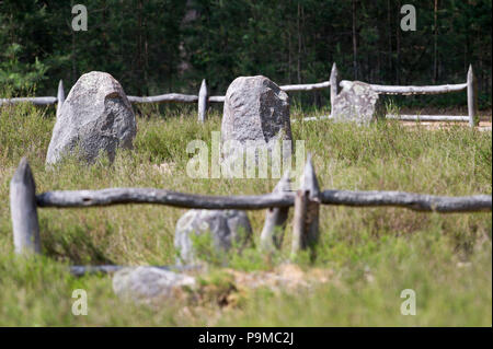 Cirle in pietra di epoca preistorica Goth sepoltura Rezerwat przyrody Kamienne Kregi (circoli di pietra riserva naturale) dal I al III secolo D.C. in Odry, Polonia Foto Stock