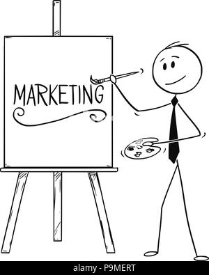 Cartoon di imprenditore artista spazzola di contenimento e la tavolozza dei colori e la Scrittura Parola Marketing su tela di canapa Illustrazione Vettoriale