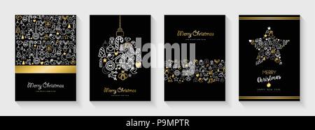 Auguri di Buon Natale e Anno Nuovo biglietto di auguri raccolta, holiday illustrazioni con contorno in oro icona set di decorazione. EPS10 vettore. Illustrazione Vettoriale