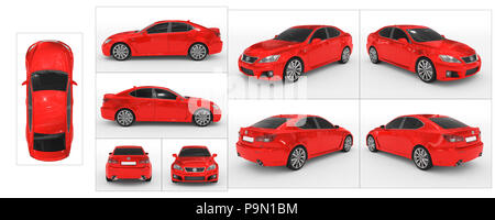Auto isolato su bianco - vernice rossa, vetro colorato - raccolta di tutte le viste caratteristiche - parte superiore, anteriore, posteriore, laterale - separati con frontiere - 3D render Foto Stock