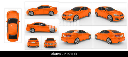 Auto isolato su bianco - vernice arancione, vetro colorato - raccolta di tutte le viste caratteristiche - parte superiore, anteriore, posteriore, laterale - separati con frontiere - 3d ren Foto Stock