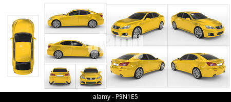 Auto isolato su bianco - vernice gialla, vetro colorato - raccolta di tutte le viste caratteristiche - parte superiore, anteriore, posteriore, laterale - separati con frontiere - 3d ren Foto Stock