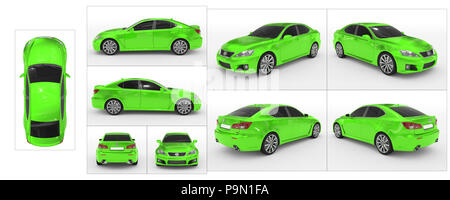 Auto isolato su bianco - vernice verde, vetro colorato - raccolta di tutte le viste caratteristiche - parte superiore, anteriore, posteriore, laterale - separati con frontiere - 3d stracciatevi Foto Stock