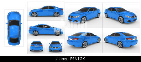 Auto isolato su bianco - vernice blu, vetro colorato - raccolta di tutte le viste caratteristiche - parte superiore, anteriore, posteriore, laterale - separati con frontiere - 3d Arcavacata di Rende Foto Stock
