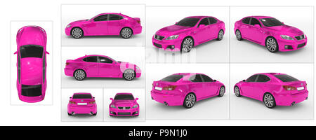 Auto isolato su bianco - vernice viola, vetro colorato - raccolta di tutte le viste caratteristiche - parte superiore, anteriore, posteriore, laterale - separati con frontiere - 3d ren Foto Stock