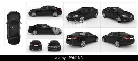 Auto isolato su bianco - nero vernice, vetro colorato - raccolta di tutte le viste caratteristiche - parte superiore, anteriore, posteriore, laterale - separati con frontiere - 3d stracciatevi Foto Stock