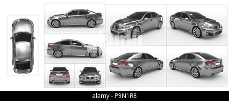 Auto isolato su bianco - Metallo, vetro colorato - raccolta di tutte le viste caratteristiche - parte superiore, anteriore, posteriore, laterale - separati con frontiere - 3d rendering Foto Stock