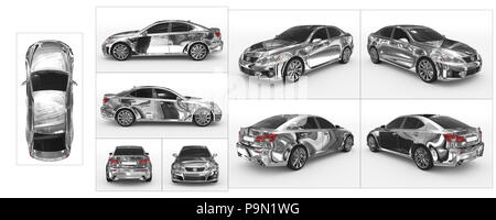 Auto isolato su bianco - cromo, vetro colorato - raccolta di tutte le viste caratteristiche - parte superiore, anteriore, posteriore, laterale - separati con frontiere - 3d rendering Foto Stock