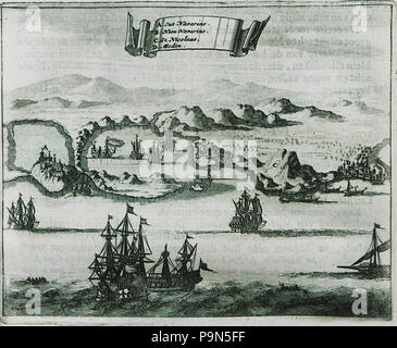 325 vedute del golfo di Pilo con Paleocastro (α), il castello di Pylos (Niokastro) (β), Agios Nikolais altezza (C) e - Olfert Dapper - 1688 Foto Stock