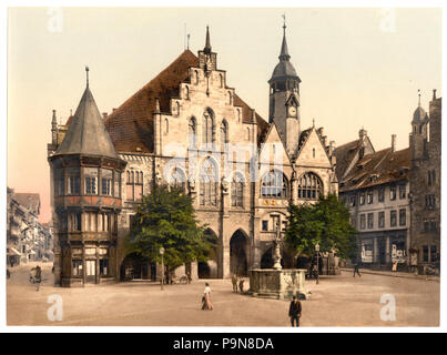 . Il municipio, Hildesheim, Bassa Sassonia, Germania. Questa immagine appartiene alla categoria:Photochrom foto nel loro stato originale. Si tratta di un immagine non elaborata. Il suo scopo è quello di mostrare le proprietà di una stampa photochrom. Si prega di non modificare questa immagine. Le modifiche verranno annullate. Tra il 1890 e il 1900 11 01001u non trasformate Foto Stock