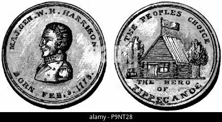 . Inglese: il disegno della parte anteriore e posteriore della medaglia coniata in onore di William Henry Harrison, IX presidente degli Stati Uniti d'America. pubblicato 1892 144 Appletons' Harrison Benjamin - William Henry medaglia Foto Stock