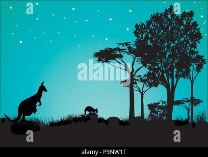 Silhouette di un canguro con il cielo blu e stelle in Australia Illustrazione Vettoriale