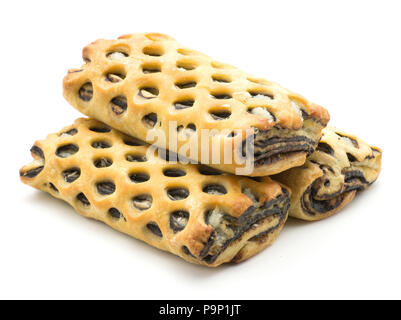 Tre pani di reticolo impostato con noce di cocco e cioccolato dolce all'interno isolato su sfondo bianco sfornato fresco Foto Stock