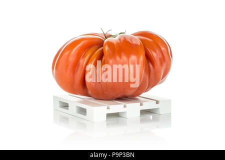 Un manzo pomodoro su un pallet di legno isolato su sfondo bianco grande mature costolatura rossa Foto Stock