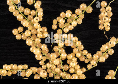 Sacco di intero fresco Ribes bianco berry blanka varietà flatlay sul legno nero Foto Stock