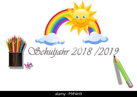 Testo anno scolastico e sun con arcobaleno e perni Foto Stock