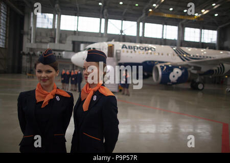 Due assistenti di volo della compagnia aerea di Aurora stare vicino alla compagnia aerea primo Airbus A319 civile aereo jet durante la presentazione ufficiale a Sheremetyevo Foto Stock