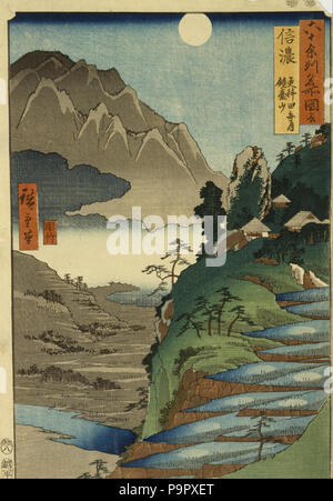 129 Ando Hiroshige - Mt. Kyodai e la luna riflessa nei campi di riso a Sarashina nella provincia di Shinano, n. 25 - Foto Stock