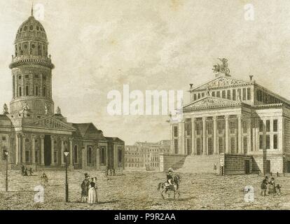 Germania. Berlino. La Konzerthaus di Berlino sulla piazza Gendarmenmarkt accanto alla nuova chiesa. Esso è stato costruito come un teatro dal 1818 al 1821 sotto il nome di la Schauspielhaus di Berlino, più tardi conosciuto anche come il Theater am Gendarmenmarkt e Komodie, il suo utilizzo è cambiato per una sala da concerto dopo la Seconda Guerra Mondiale e il suo nome cambiò la sua presente uno nel 1994. Incisione. "Panorama universale", 1843. Foto Stock