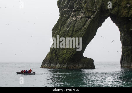 Zodiac con i turisti ad esplorare le scogliere degli uccelli di Bjørnøya (Isola di Bear), isole Svalbard Foto Stock