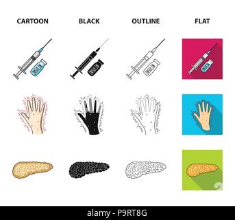 Siringa da insulina, pancreas, glucometro, mano diabetica. Diabet set di icone di raccolta in cartoon,Black,contorno,stile piatto simbolo vettore illustr stock Illustrazione Vettoriale