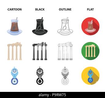 Tè turco, amuleto, rovine di antichità, mappa del territorio. La Turchia set di icone di raccolta in cartoon,Black,contorno,stile piatto simbolo vettore stock ill Illustrazione Vettoriale