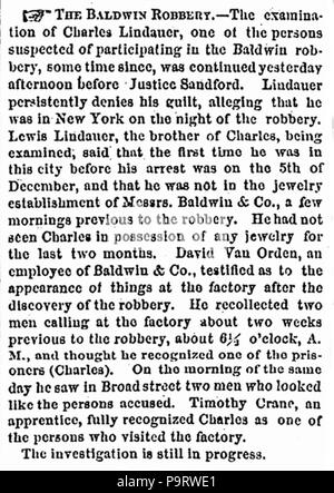 298 Charles Frederick Lindauer I (1836-1921) e Luigi Giulio Lindauer (1838-1915) arrestato nel 1866 per una rapina posted in Newark Daily Advertiser di Newark, NJ on gennaio 23, 1866 Foto Stock